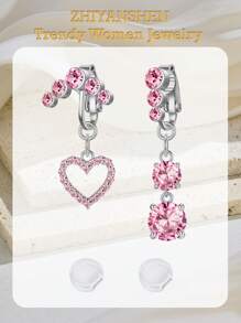 2Pcs Fake Belly Button Piercing For Women Dangle Butterfly Heart Clip On Belly Button Rings Silver Gold Pink Fake Belly Button Rings Non Piercing Belly Rings Stainless Steel Faux Navel Jewelry