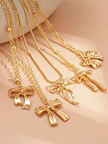 HOTNICE 5 Pieces Of Retro Elegant Bow Pendant Necklace Set, Exaggerated Personalized Hip-Hop Sweet Layered Necklace, Suitable For Women's Holiday Date Party Casual Wear