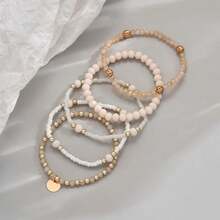 Fashionable And Elegant Alloy Disc Pendant Bracelet Crystal Resin Beaded Elastic Women's Bracelet 5-Piece Set - 杏色 - 查看 4