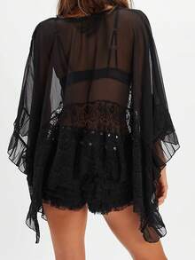 Women's Y2K Lace Poncho Top V Neck Batwing Sleeve Sheer Top See Through Ruffle Flowy Chiffon Blouse Loose Going Out Shirt Beach Party Streetwear - 黑色 - 查看 4