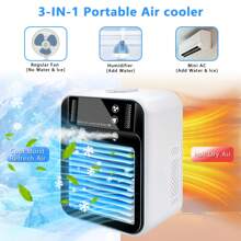 Ventilador de aire acondicionado portátil recargable por USB con función de enfriamiento, batería de 3000mAh, humidificador por pulverización, ajuste de doble velocidad, diseño compacto para uso en el hogar/oficina y comodidad al aire libre