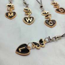 1pc Metallic Heart & Alphabet Letter A-Z Charm Phone Pendant - Black - View 8