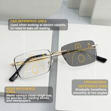 1pc Retro Frameless Photochromic Multifocal Readers, High-Quality Progressive Lenses & Durable Frame, Business Style Reading Glasses, Distance & Near Vision, Suitable For Office, Leisure Reading - Golden - View 6