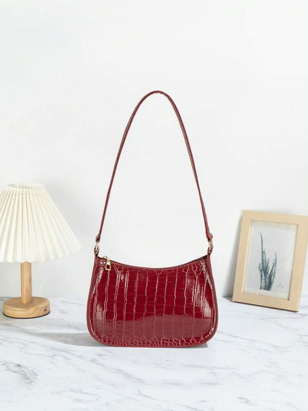 2025 Summer New Solid Color Crocodile Texture Shoulder Bag Zipper Women Fashion Vintage Zipper Casual Waterproof Handbag