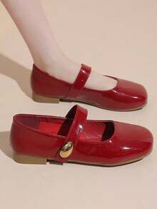 2025 Summer New French Square Toe Mary Jane Flats, Suitable With Dresses, Non-Slip Loafers - Red - View 2