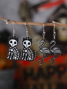 1 Pair Gothic Style Skull, Flamingo, Dog, Cat Pendant Earrings For Women, Vintage Wooden Double-Sided Earrings, Halloween Party Gift