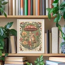 1 件无框 Cottagecore 老鼠墙壁艺术印刷品，复古羊皮纸上印有舒适林地插图、红色蘑菇和野花 | 乡村植物帆布海报，适合托儿所、公寓、客厅、卧室 | 完美的礼物和派对装饰、墙面印刷、度假旅行、海滩毕业典礼、返校、时髦海报（无框民间艺术）