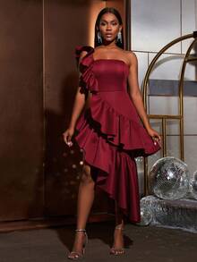 Faeriesty Distinctive Fashion One Shoulder Dress With Ruffle Shoulder Detail And Asymmetric Tiered Skirt | Elegant Modern Dress Suitable For Wedding Receptions, Galas, And Romantic Date Nights Spring - Burgundy - View 3