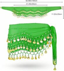 Chiffon Belly Dance Hip Scarf With 128 Coins For Yoga Class - 綠色 - 查看 2
