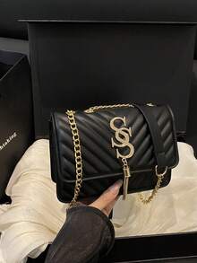 Women's Fashion Solid Color PU Leather Quilted Shoulder Bag, Multifunctional Flap Chain  For Party/Evening, - Black - View 6