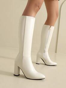 Women's Autumn Winter Thick Heel Pointed Toe Side Zipper Knee-High Boots, Fashionable High Heels - White - View 2