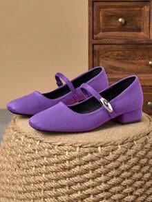 Women's Purple Mary Jane Shoes With 3cm Cloth Covered Chunky Heels, Fashion Versatile For All Seasons - Purple - View 6