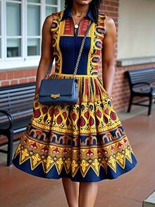 Plus Size Ladies Lapel  Print Sleeveless Dress - 彩色 - 查看 1