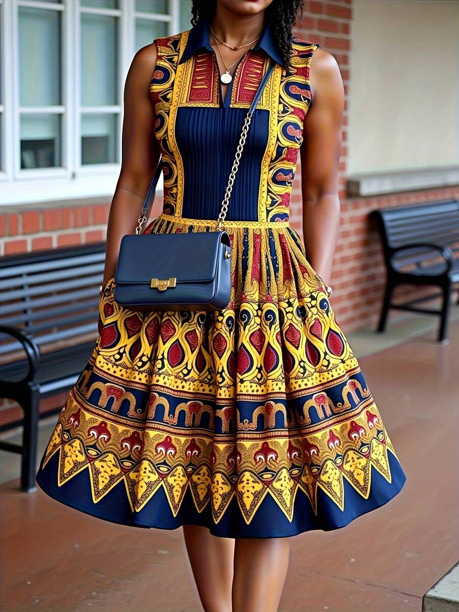 Plus Size Ladies Lapel  Print Sleeveless Dress - 彩色 - 查看 1