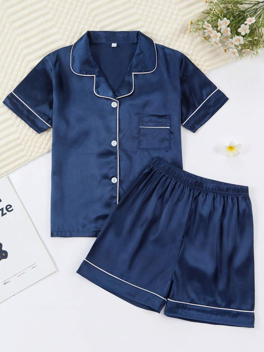 Girls Pajamas, Satin Silky Pjs Set Kids 2Pcs Button-Down Nightwear Sleepwear Gift For Kids - Navy Blue - View 1