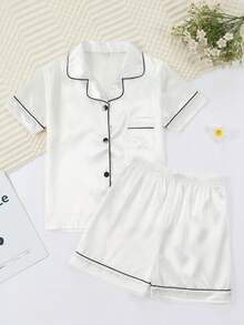 Girls Pajamas, Satin Silky Pjs Set Kids 2Pcs Button-Down Nightwear Sleepwear Gift For Kids - trắng - Xem 1