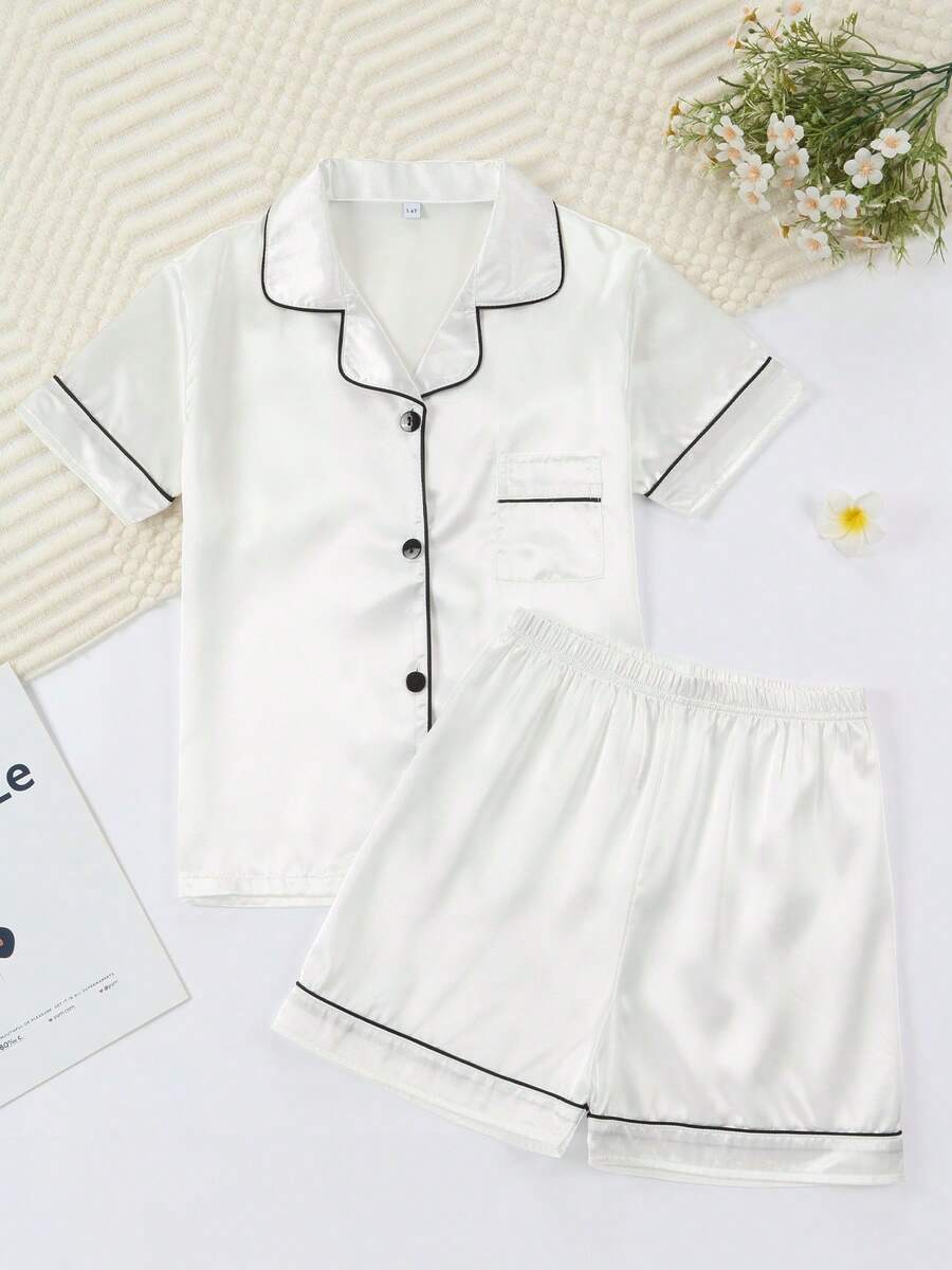 Girls Pajamas, Satin Silky Pjs Set Kids 2Pcs Button-Down Nightwear Sleepwear Gift For Kids - trắng - Xem 1