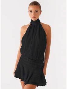 Women's Pleated Waist Sheer Mesh Ruffle Mini Dress Summer Casual Halter Neck High Neck Bodycon Short Dress Self-Tie Backless Sundress Party Clubwear - 黑色 - 查看 4