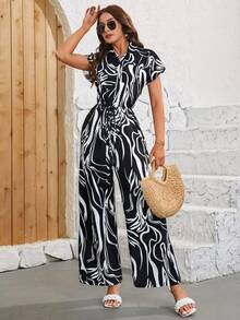 Conjunto De Mujer Con Camisa De Manga Corta Con Botones Delanteros,Monos Y Pantalones Anchos Casuales Vacaciones - Negro - Ver 4