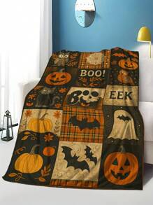 Halloween1pc Retro Card Ventilation Flannel Blanket, Printed With Pumpkin, Owl, Black Cat Elements Throw Blankets, Blanket For Bed, Tapestry, Suitable For Home Decor, Bedroom Decor, Room Decoration Stuff, Living Room Decor, Picnic Blanket, Best Friend Gifts, Bed,Birthday Present.