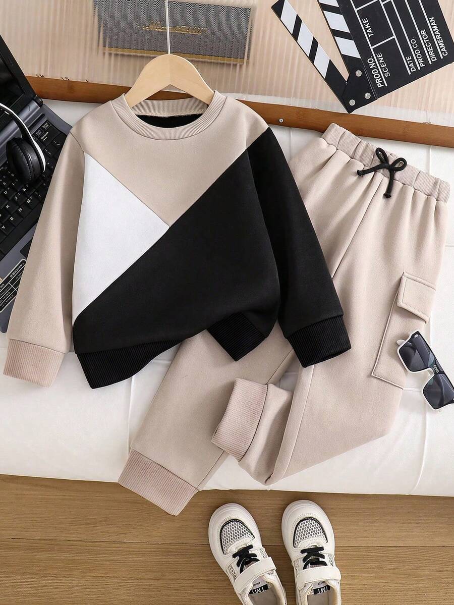 青少年男孩图案字母印花保暖圆领运动衫和裤子套装 - 卡其色 - 查看 1