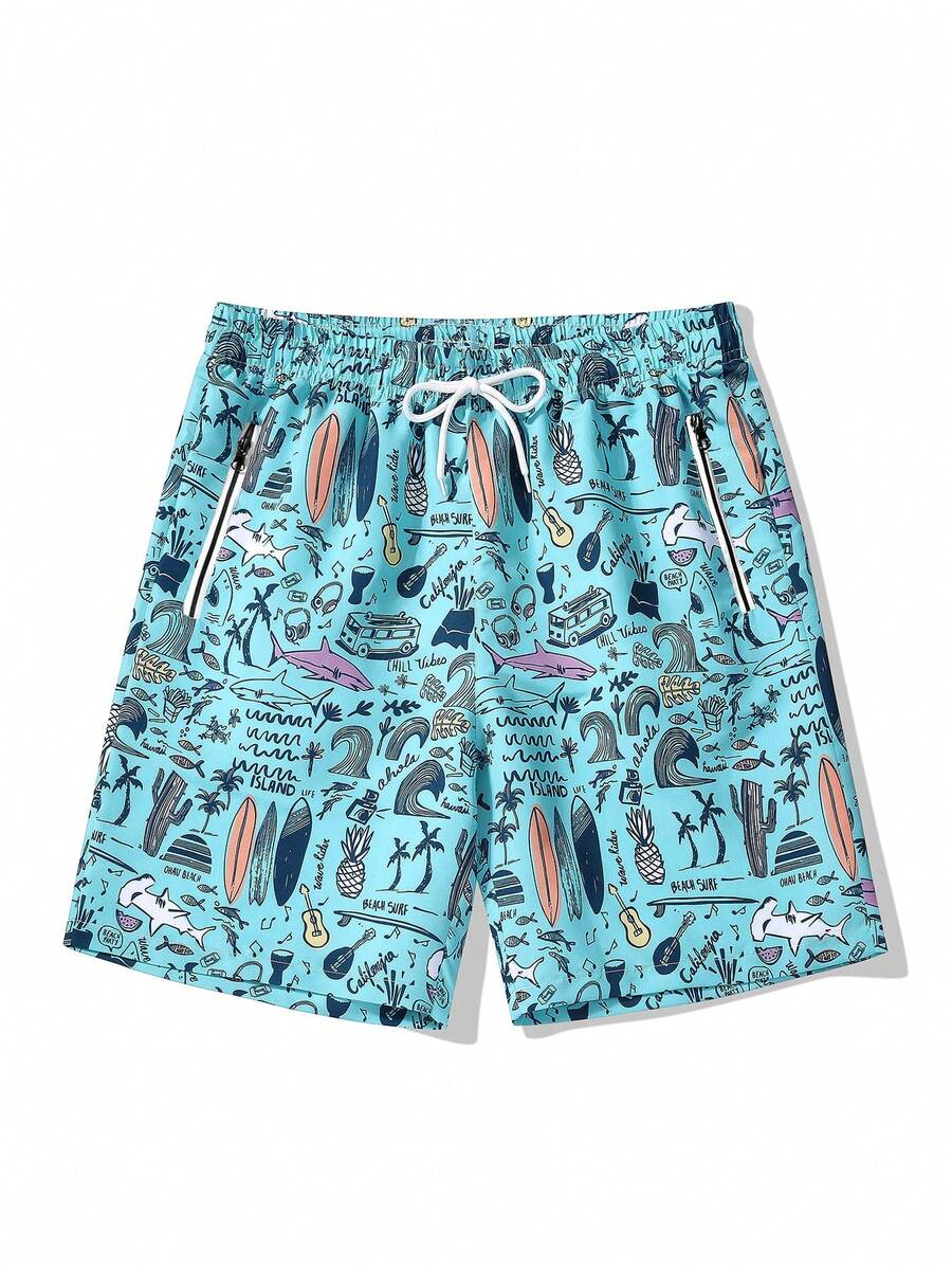 5-Inch Men's Summer Quick Dry Cartoon Beach Shorts, Casual Loose Comfortable Vacation Travel Shorts - Baby Blue - View 1