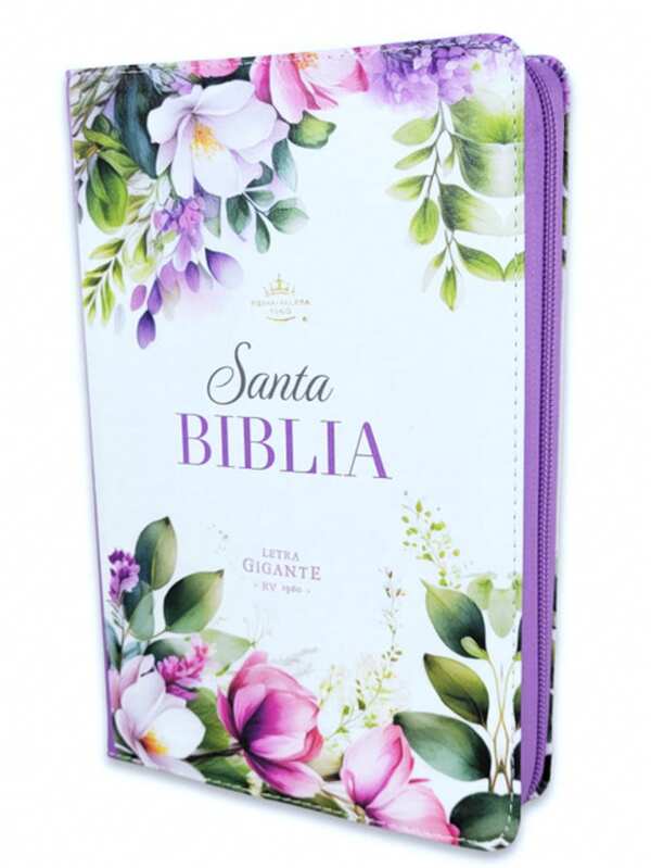 Biblia Para Mujer Con Cierre Letra Gigante Manual 14 Puntos RV1960 Imit Piel Flores Purpura Con Indice Y Canto Floral