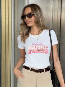 slogan of the alphabet，Ribbed Cotton Women's T-Shirt,College Style Spring Summer New Sports Women's,Draped Fashion Soft Breathable Women's Short Sleeve Tight Top - 白色 - 查看 1