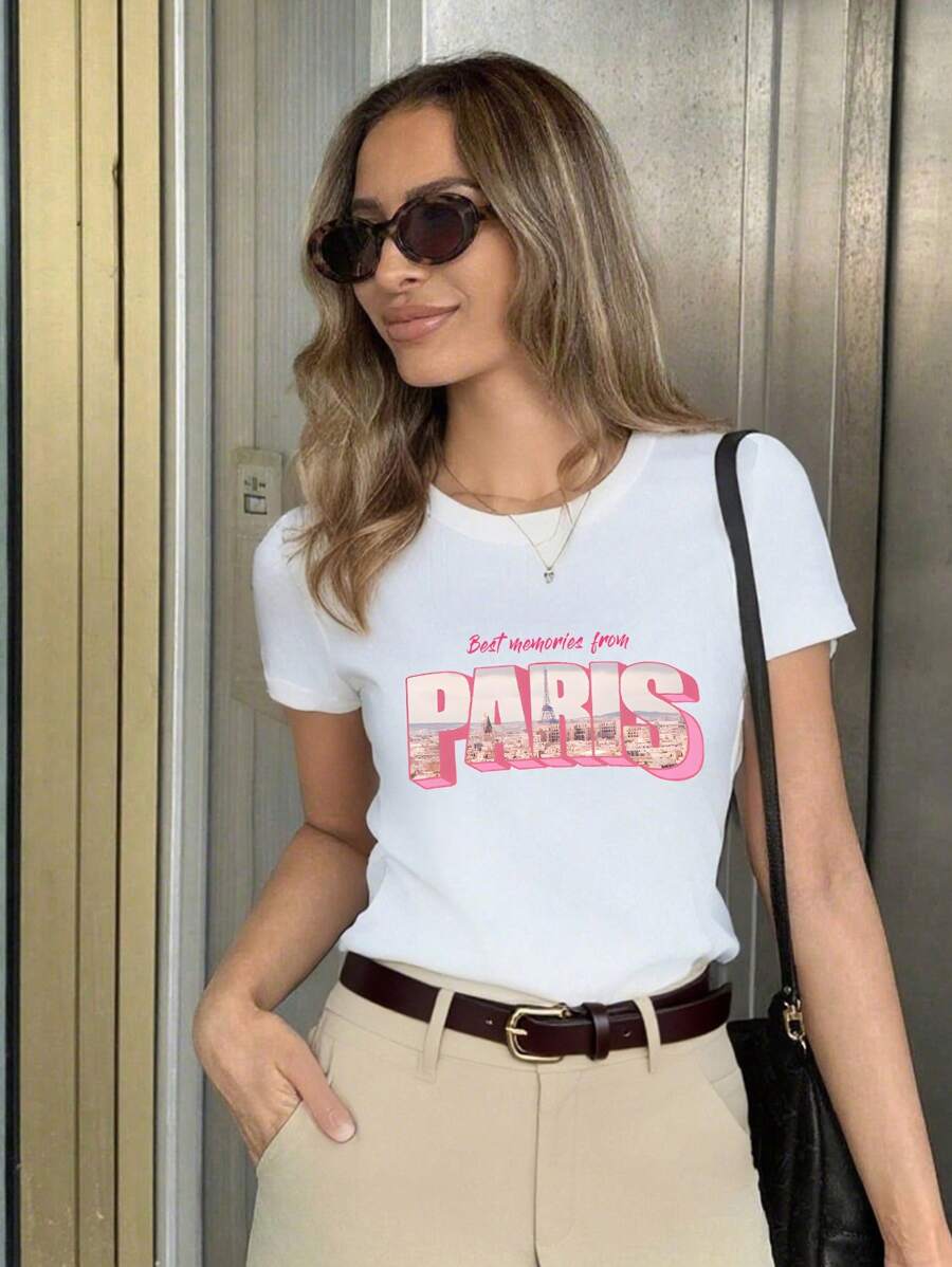 slogan of the alphabet，Ribbed Cotton Women's T-Shirt,College Style Spring Summer New Sports Women's,Draped Fashion Soft Breathable Women's Short Sleeve Tight Top - 白色 - 查看 1