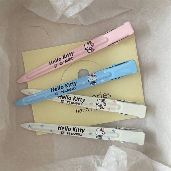 Sanrio 4pcs Sanrio KT Cat Series Duckbill Clip, Metal Positioning Hair Clip Is Suitable For Forehead And Side Use, Markless Face Washing And Beauty Hair Card