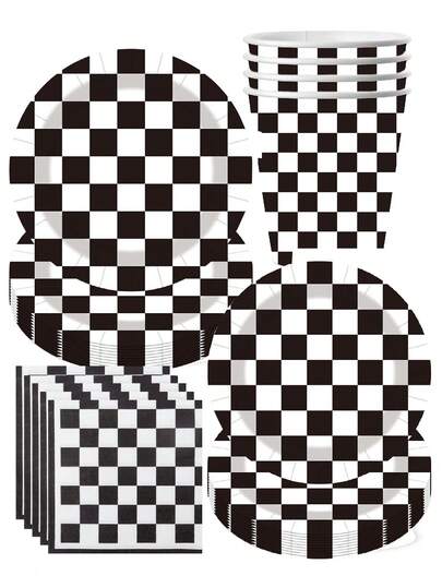 10件套赛车主题黑白格纹派对纸盘套装，一次性生日纸盘、纸杯、纸巾，生日派对用品，露营，茶话会，宴会，婚礼用品