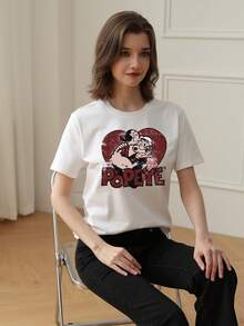 女式可爱卡通大力水手图案圆领短袖 T 恤，休闲日常穿着，夏季