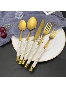 Christmas 24 Piece Set Of Double Bead Marble Patterned Tableware With Storage Rack, 410 Stainless Steel Tableware Knife, Fork, Spoon Set, Light Luxury Nordic Style Tableware, Suitable For Home Kitchens, Restaurants, Hotels, Holiday Gifts Home Decor New Year Gift - Multicolor - View 8