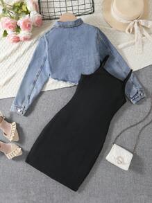 Tween Girl 2 Pieces Set, Fashionable Casual Denim Jacket And Black Strap Dress, Spring/Autumn