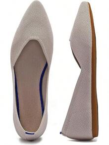 Womens Flat Shoes Classic Pointed Toe Flats Knitted Dress Shoes Soft Comfortable Dressy Flats Women - 6042ecru - 查看 2