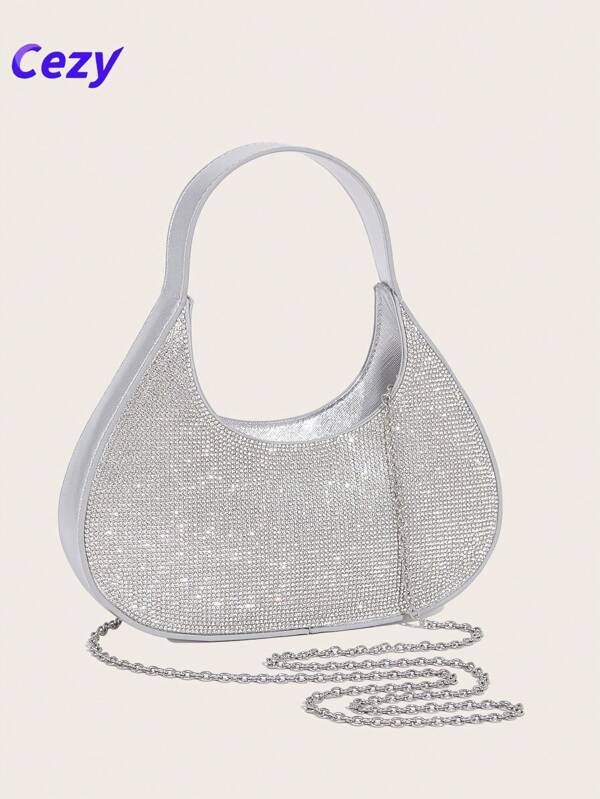 Cezy Bolso de mano con brillantes de rhinestone, nueva moda 2025 - Bolso de noche con gran capacidad y cierre con cremallera, forro de poliéster duradero, diseño en tono plata claro, adecuado para ocasiones casuales y formales de mujer, accesorios para fiestas, artículo de lujo