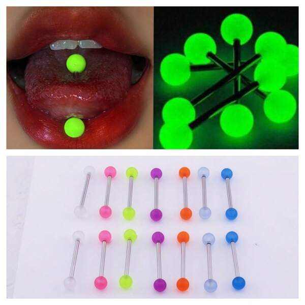 14pcs Glow In The Dark Ball Tongue Rings, Nose Rings & Body Piercing Jewelry Set, For Women, Accessories For Music Festivals