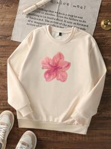 1 件女童休闲印花圆领运动衫，学生长袖上衣，秋冬