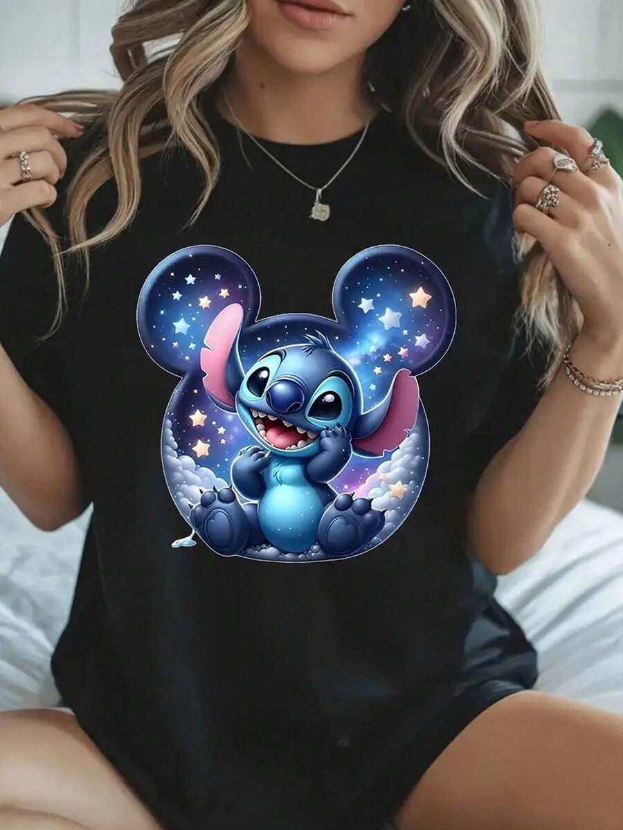 Short Sleeve Round Neck T-Shirt With Cartoon Image Printed On It, Casual And Fashionable Short Sleeve T-Shirt, Micro Elastic, Non-See-Through, Easy To Care For Material, Ideal Daily Wear, Ladies T-Shirt - 黑色 - 查看 1