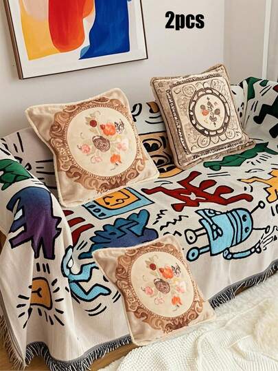 1 pieza Manta de sofá con estilo nórdico y diseño de graffiti de dibujos animados, de uso versátil para camping al aire libre, chal, manta para la siesta