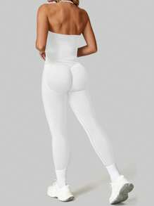 Aaseow 女士瑜伽上衣，健身瑜伽衫，运动服，露背褶皱内置胸罩罩杯上衣 - 白色 - 查看 3