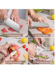Juego de cuchillos, juego de cuchillos de cocina de chef profesional de 5 piezas, juego de cuchillos ultra afilados con soporte universal para cuchillos, juego de soporte para cuchillos de cocina de acero inoxidable resistente al óxido, diseño ergonómico - Blanco - Ver 5