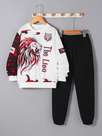 2 件套儿童 7-11 岁狮子印花圆领长袖运动衫和长裤，秋冬运动休闲学生装