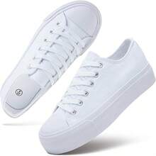 White Platform Sneakers For Women, Low Top Canvas Shoes - 白色單色 - 查看 1