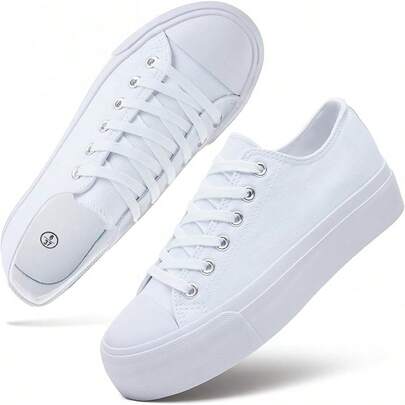 White Platform Sneakers For Women, Low Top Canvas Shoes