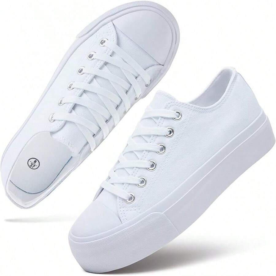 White Platform Sneakers For Women, Low Top Canvas Shoes - 白色單色 - 查看 1