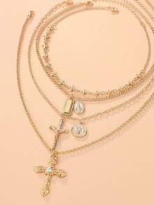HOTNICE 4pcs Vintage Metal Geometric Round Pendant Multilayer Necklace Set, Women Punk Style Jesus Cross Pendant Necklace