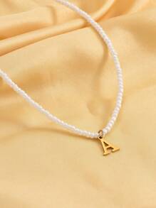1 Alphabet Pendant Necklace With 26 Letters; White Beads Vacation Style Necklace