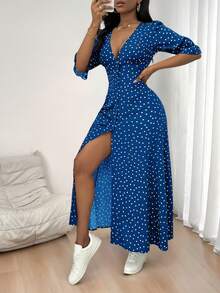 Elegante Vintage de la Mujer de puntos impresos con cuello en V Botón de Split Vestidos,Falda larga estampada de media manga - Azul - Ver 3