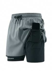 1 件男士休闲运动户外跑步短裤，内衬短裤，二合一训练健身短裤，薄丝面料运动服，适合球类运动，夏季 - 淺灰色 - 查看 5